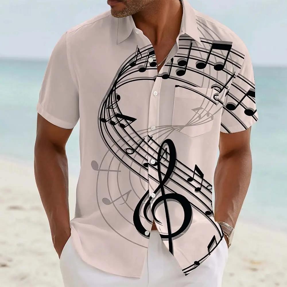 Camicie Grafiche con Note Musicali alla Moda da Uomo Estate Casual Manica Corta Stampa 3D Camicia Larga Traspirante Bottone Musicista Camicetta