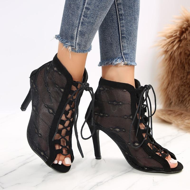 Mesh Breathable Heels Women's Summer Round Toe Open Toe Paneled Front Lace-Up Short Thigh Stiletto Dance Sandals
