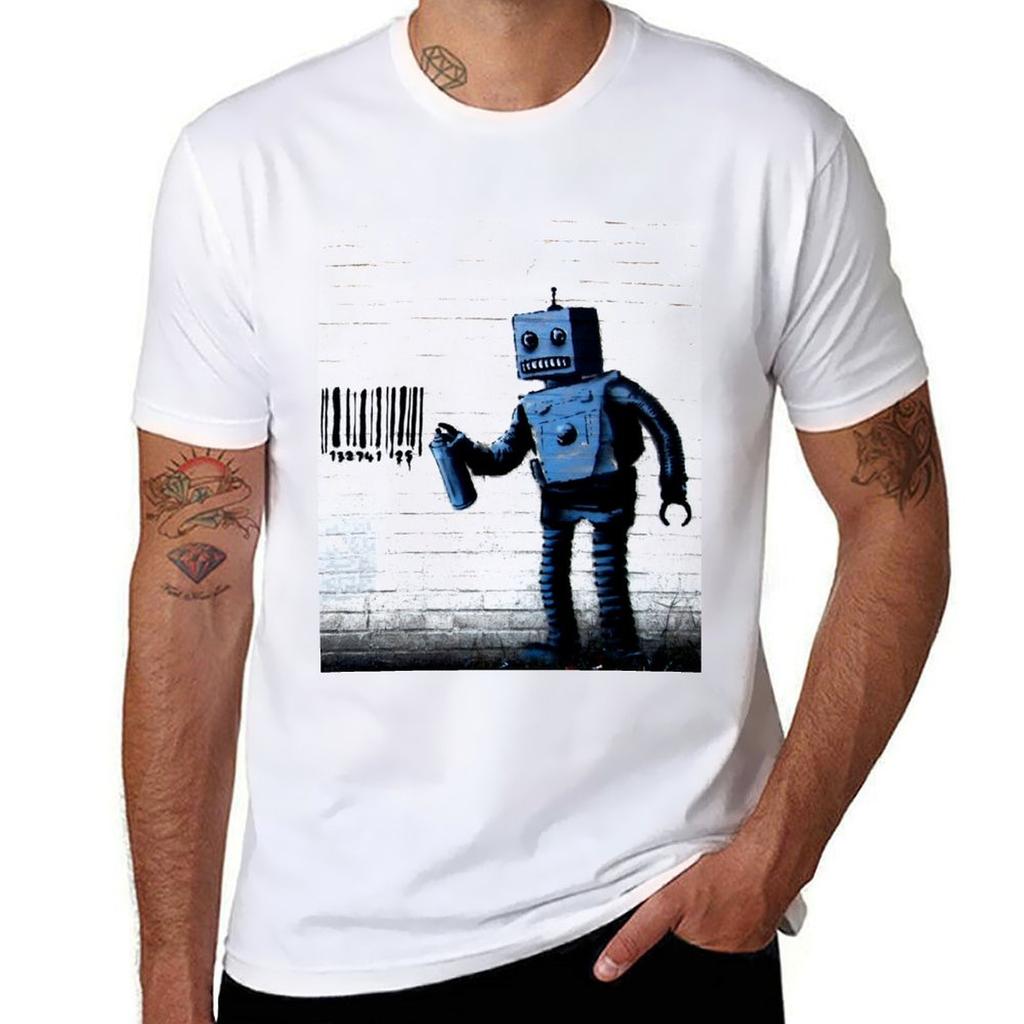 GRAFFITI ROBOT BARCODE BANSKY TShirt Basic Solid Color Short Sleeve Cotton Top