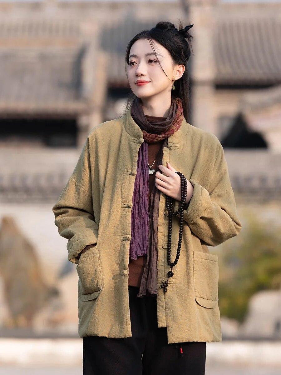 

Johnature женские винтажные однотонные парки со стойкой и длинными рукавами в китайском стиле, зимние парки с карманами на пуговицах One Size темно-желтого