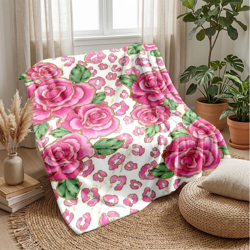 Pink Roses Leopard Print Theme blanket Lightweight Warm Flannel Blanket Decorative Throw Blanket for Home Decoration