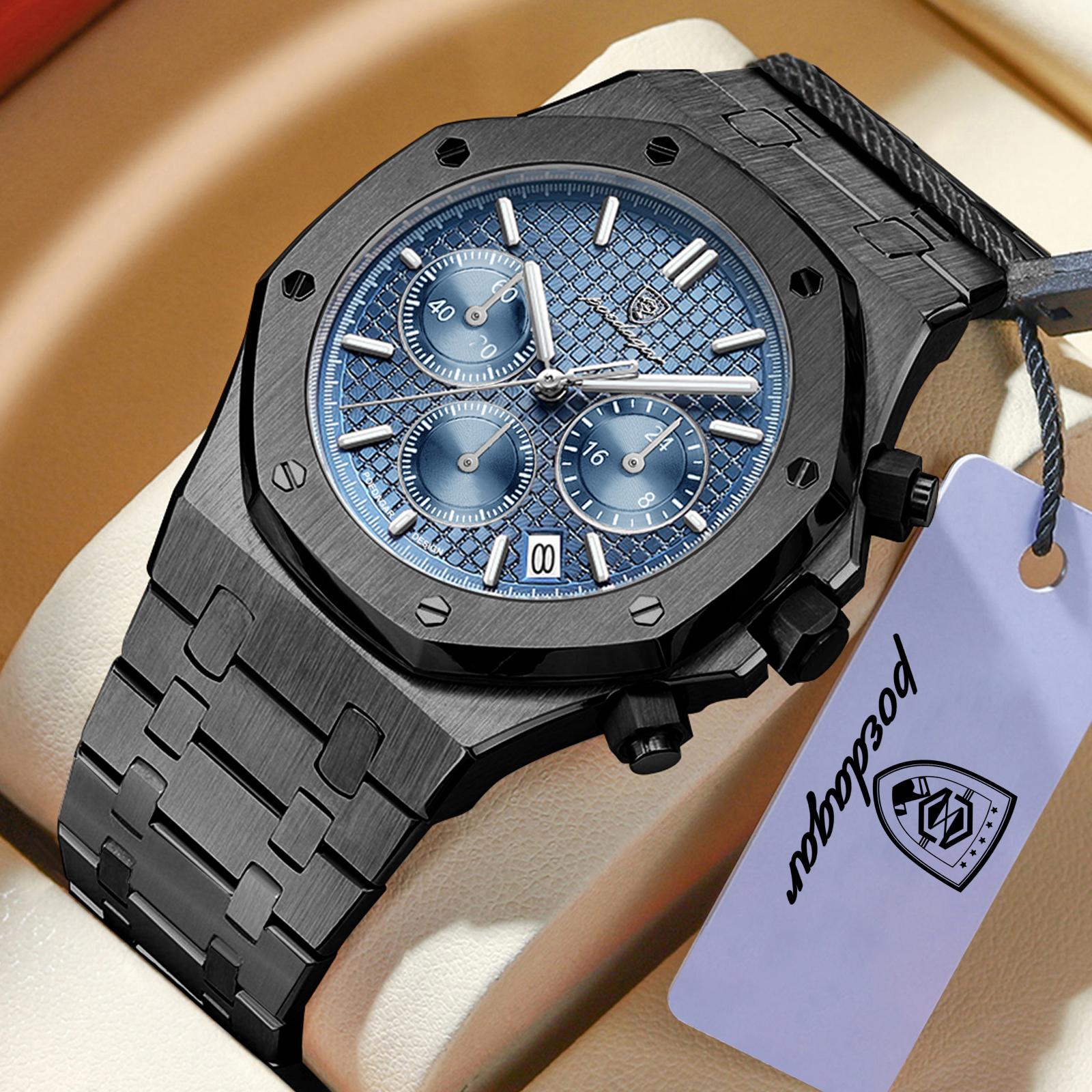 

POEDAGAR Luxury Men s Watches Stainless Steel Date Chronograph Male Watch Waterproof Luminous Military Quartz Wristwatch чорний/синій