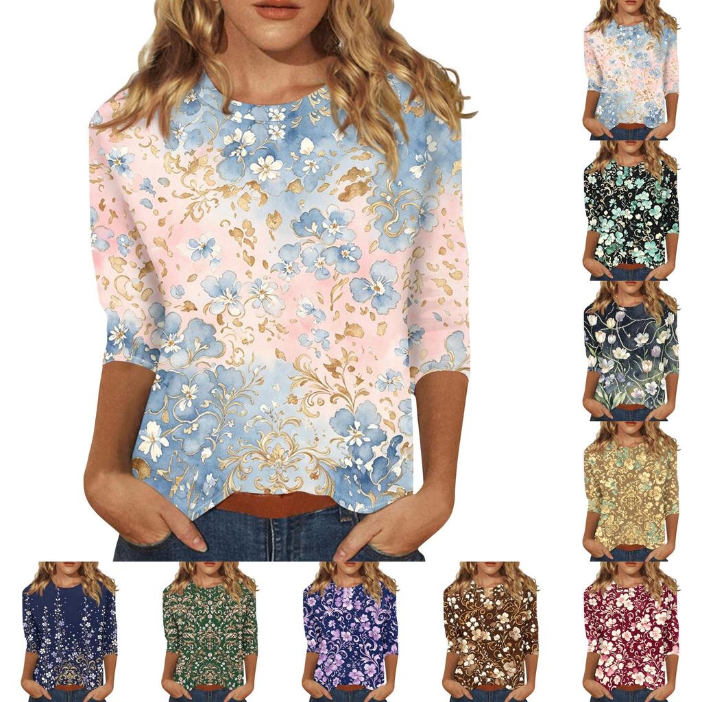 Women's Casual Floral Print Three Quarter Sleeve Top Round Neck Blouse Lightweight Comfortable Fit Suitable for Everyday Wear