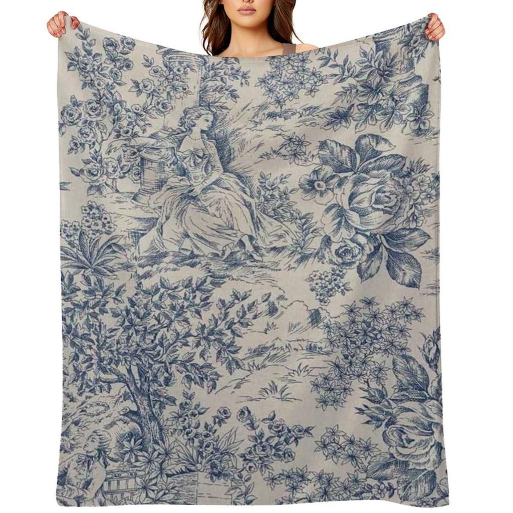 Blue Toile De Jouy Throw Blanket Sofa Bed Wednesday Blankets Ands Bed Linens Blankets