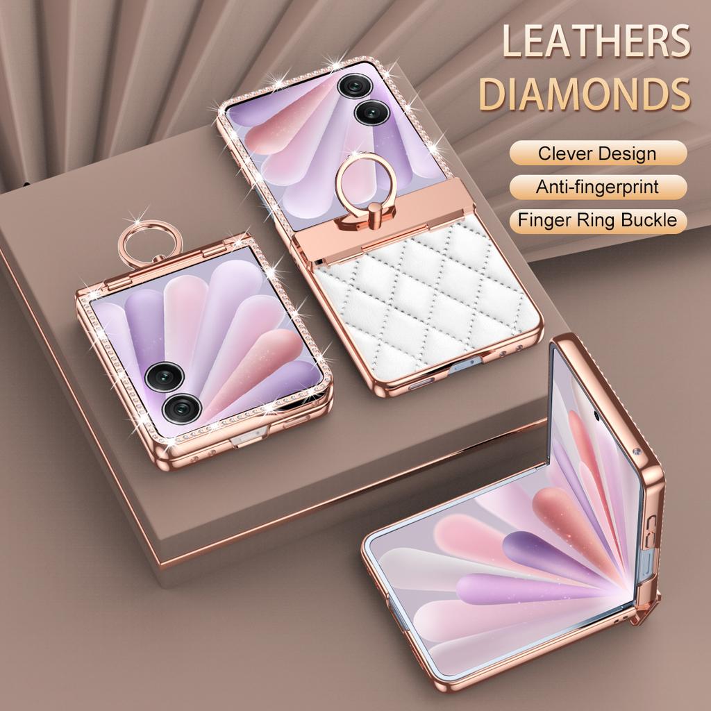 For Honor Magic V Flip 2 Case Ring Holder Rhinestone Leather+PC Cover with Rear Screen Film
