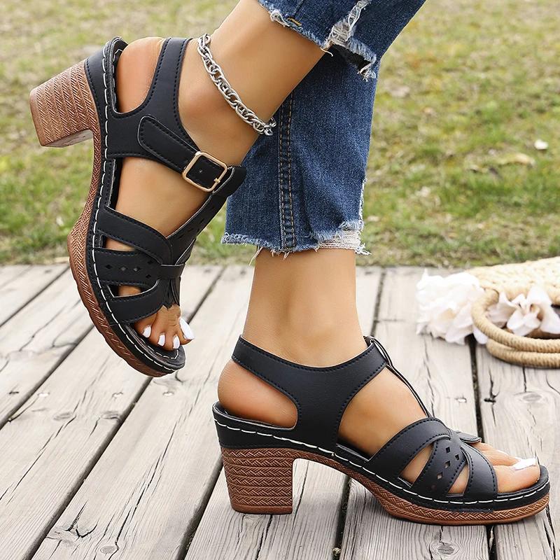 Fashion Lightweight Thick High Heels Sandals Women Plus Size 36-43 Summer Rome Shoes Woman Ankle Buckle Open Toe Beach Sandles Female