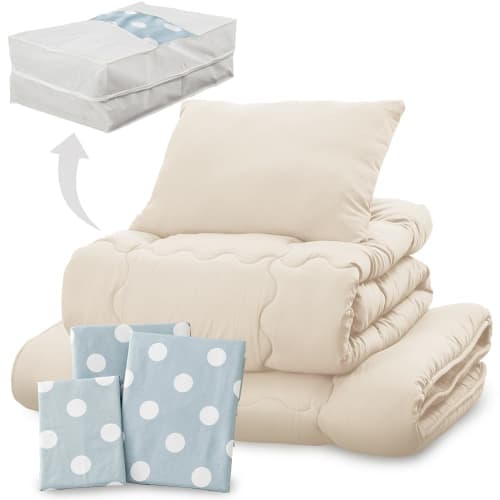 Iris Plaza Ready-to-Use 7-Piece Futon Set, Single Size, Antibacterial and Odor-Resistant, with Neat Storage Case, Soft and Smooth Peach Skin Finish (C