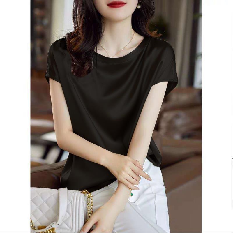 Women Summer Satin Silk Shirts Smooth & Shiny Short Sleeve T- Shirts Pullover Blouses Casual Loose Elegant Work Tops