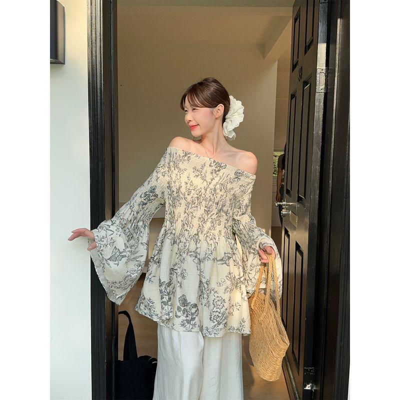 

Kumikumi Chinese Style Ink Painting off-Shoulder Long Sleeves Shirt Women s Autumn Niche Style Retro off-the-Shoulder Fitted Waist Tops White One size