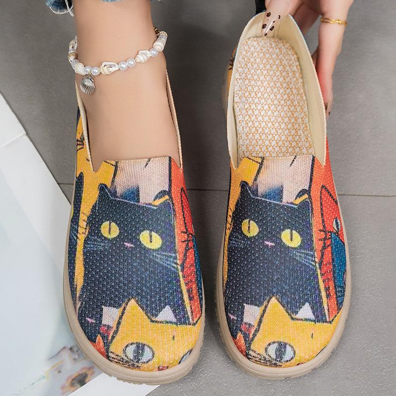 Cute Cat Sneakers Lightweight Comfortable Women's Cute Cat Print Slip-On Sneakers Breathable Mesh Fabric for All-Season Outdoor Shoes