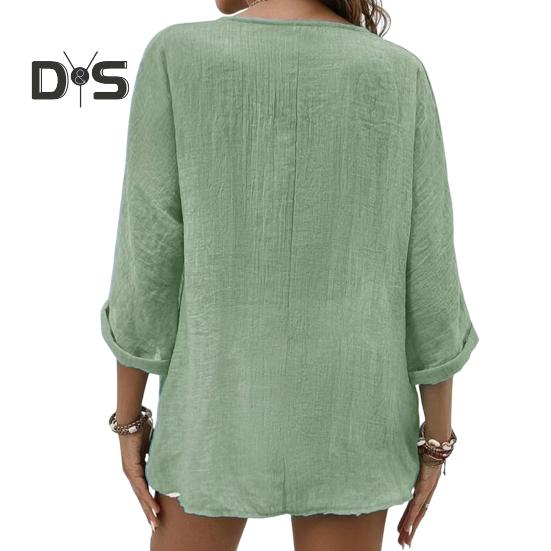 Damen Frühlingshemd V-Ausschnitt Knöpfe Einreihig Langarm Einfarbig Weich Atmungsaktiv Dame Vintage Lose Mittellanges Oberteil