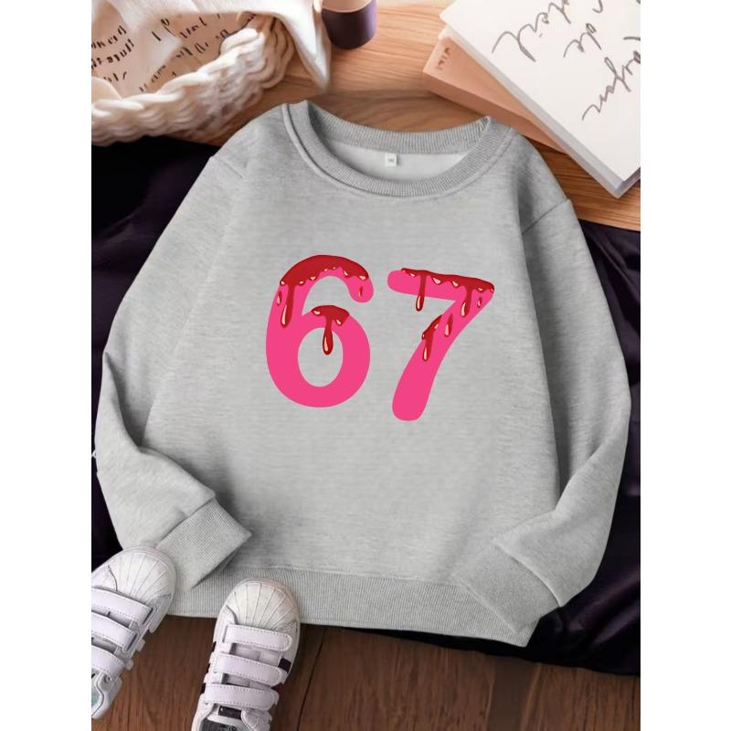 Unisex Kids Crewneck Sweatshirt For Over 4 Years Old Boys Girls Simple Pink Red Drip Melting Number 67 Graphic Soft Pullover Top For 4-12 Children