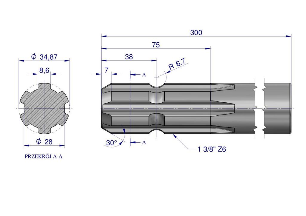 Wałek, Wom Frezowany Jednostronnie 300Mm Z6 - 1 3/8, Waryński