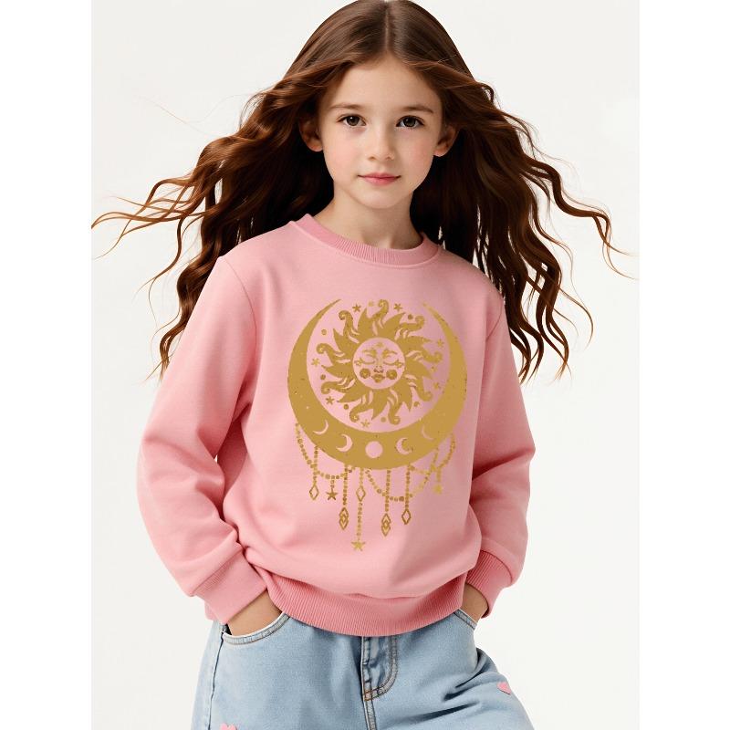European Sizes Kids' Casual Printed Round Neck Pullover, Golden Sun Moon Stars Beads, Casual Comfortable