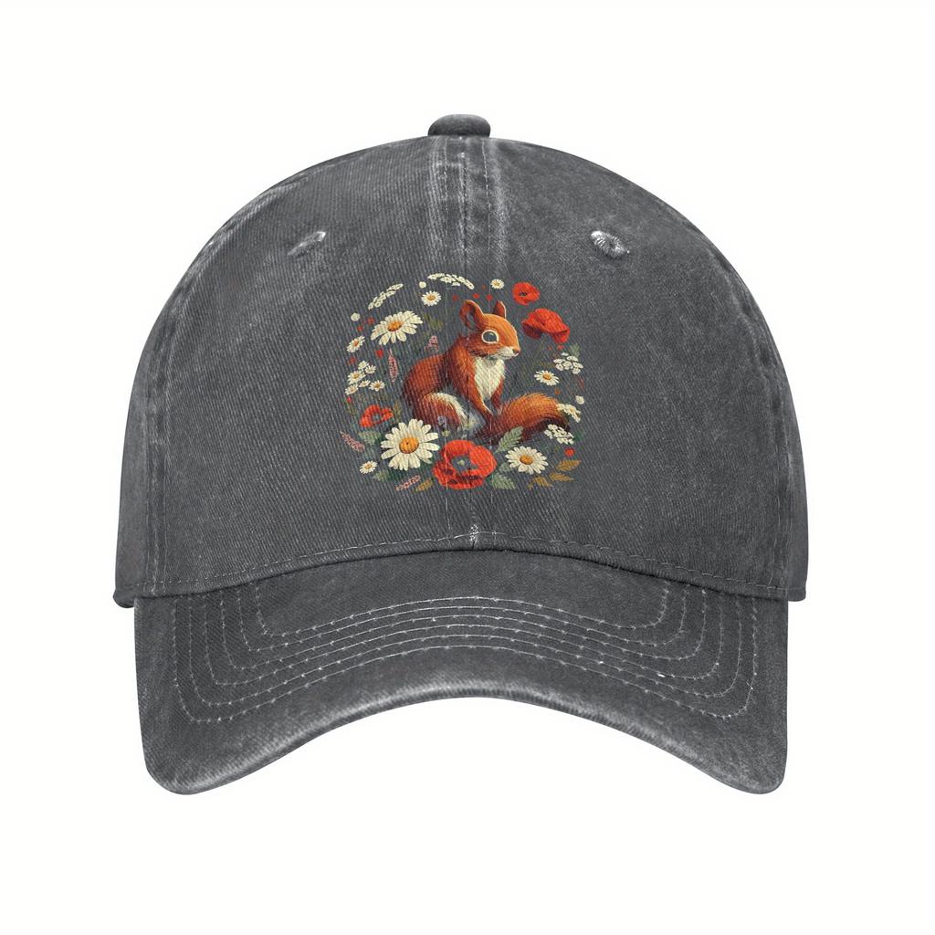 Cottagecore Squirrel Floral Print Baseball Cap Aesthetic Wildflower Adjustable Washed Casual Cap for Unisex
