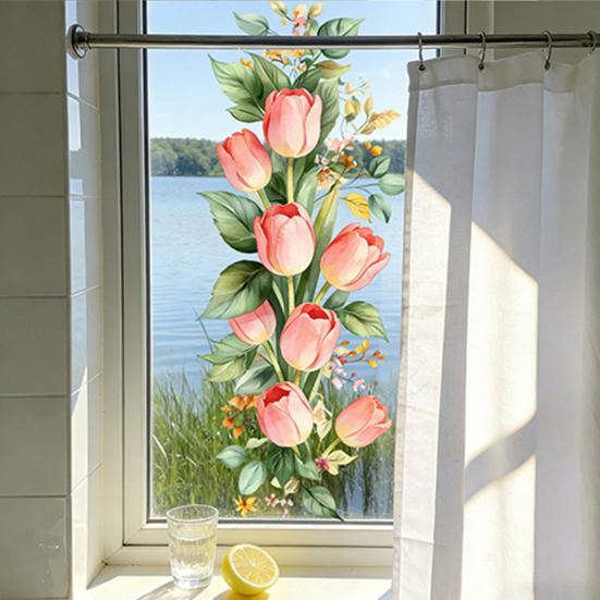 Spring Summer Flowers Window Clings Double Sided Tulip/Rose/Wildflowers in Vase Decals Anti-Collision Glass Door Stickers