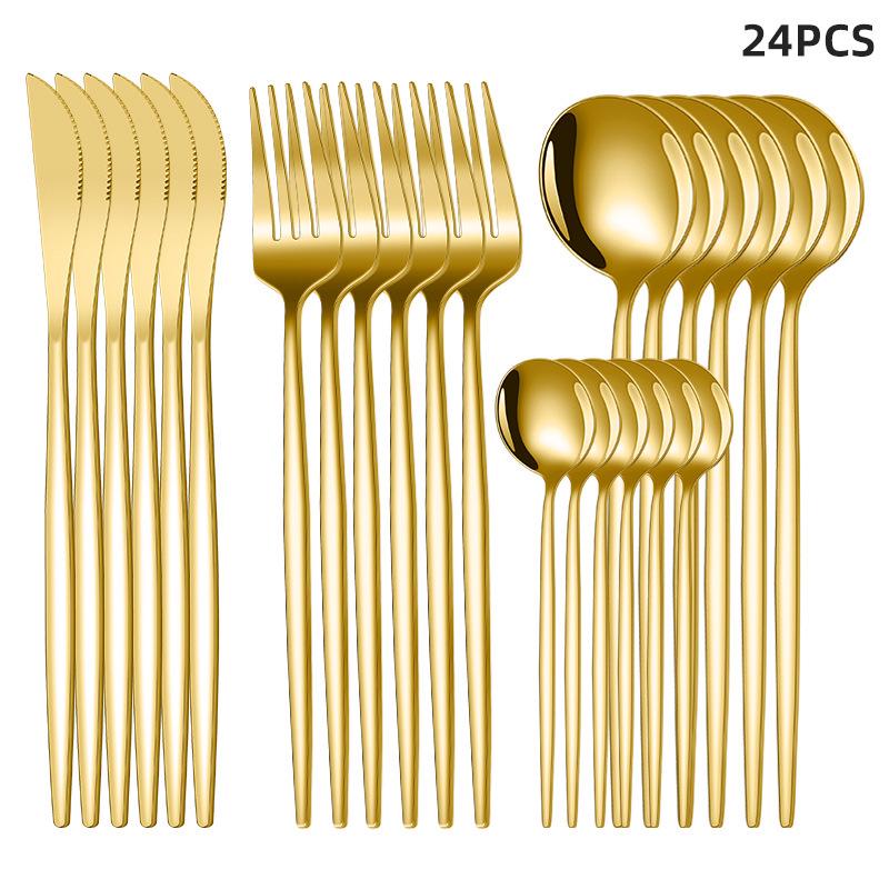 Luxurious 30-Piece Gold Stainless Steel Cutlery Set: Includes Portuguese Knife, Fork, and Spoon for Western Cuisine in an Elegant Gift Box.