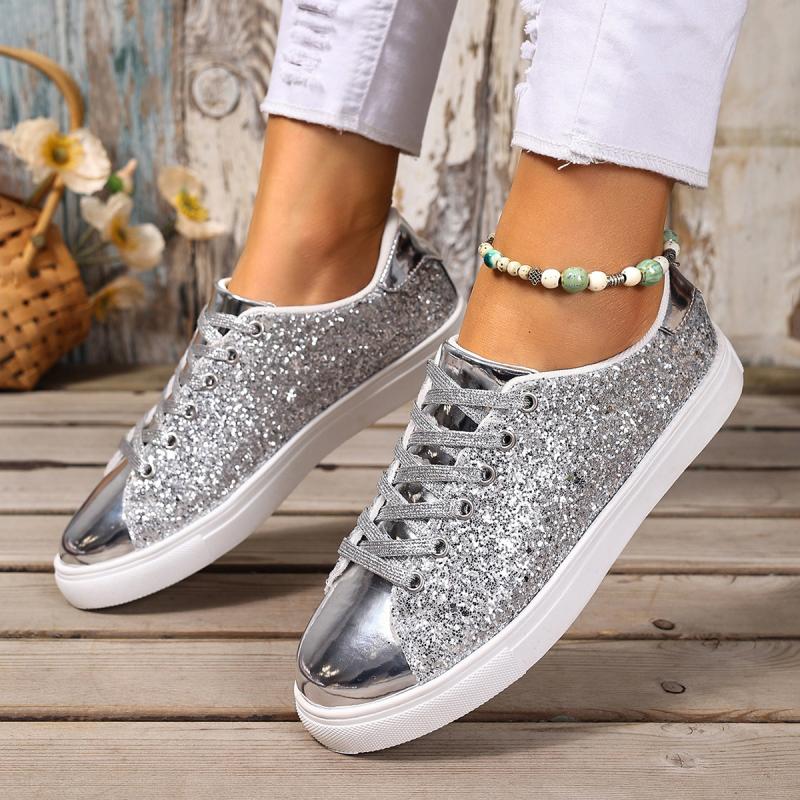 Fashion Luxury Sequin Fabric Lace Up Skateboard Shoes Women 2025 Autumn Fashion Glitter Round Toe Sneakers Non Slip Flat Heel Shoes