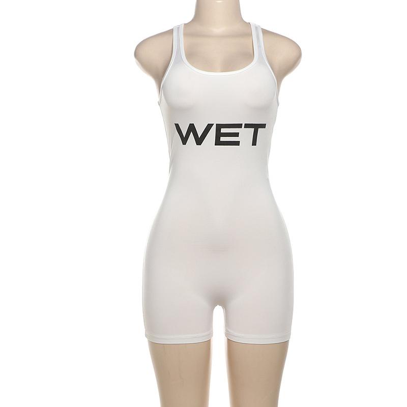 New 2025 Summer Women Sexy Sport Romper Subtranslucent Slim Playsuits Letter Printed White Women'S Raceback Sleeveless