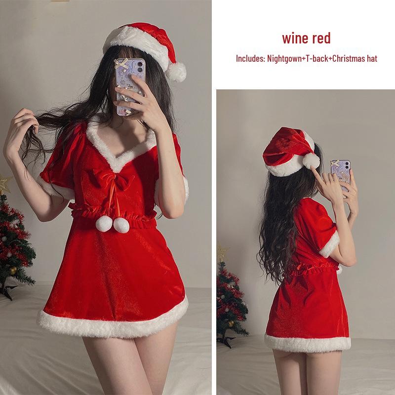 Velvet Christmas Cosplay Lingerie: Cute, Backless Nightgown for Role Play