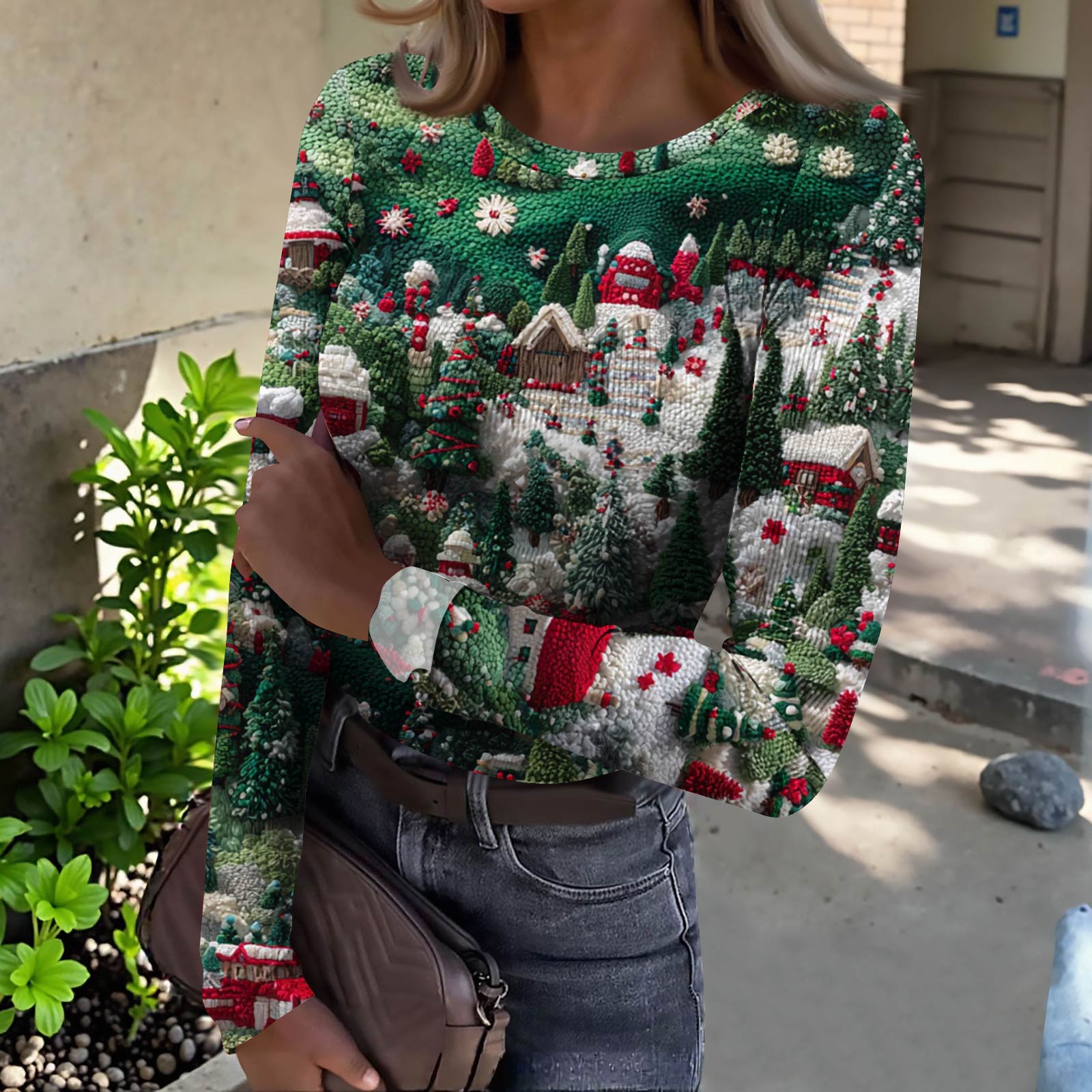 

Женская футболка с облегающим низом, модная повседневная с градиентным принтом, пуловер с круглым вырезом и длинными рукавами L зелёный