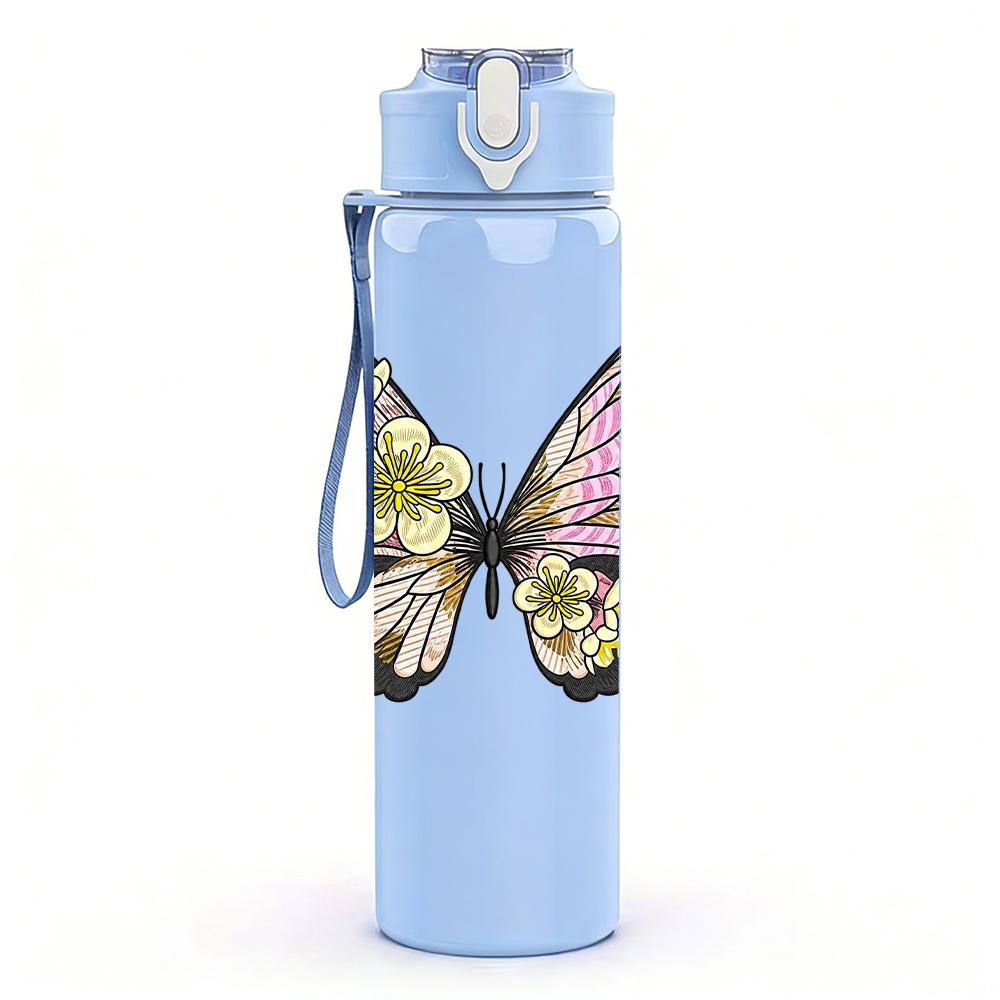 1PC Pastel Double Butterfly Floral Graphic,750ml Color Plastic Sports Water Bottle,Leakproof Flip Straw Lid,Suitable for Sports Office Home Use
