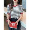 Ice Silk Women's Striped T-shirt, Short Sleeve, Plus Size, Korean Style, 2026 Summer Collection