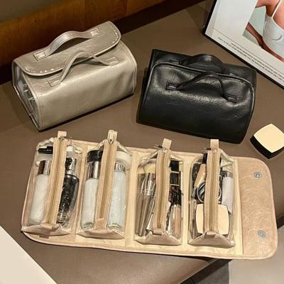 Aufrollbare Kosmetiktasche Reise-Kosmetiktasche mit 4 abnehmbaren transparenten Beuteln Faltbarer Toilettenartikel-Organizer für Frauen