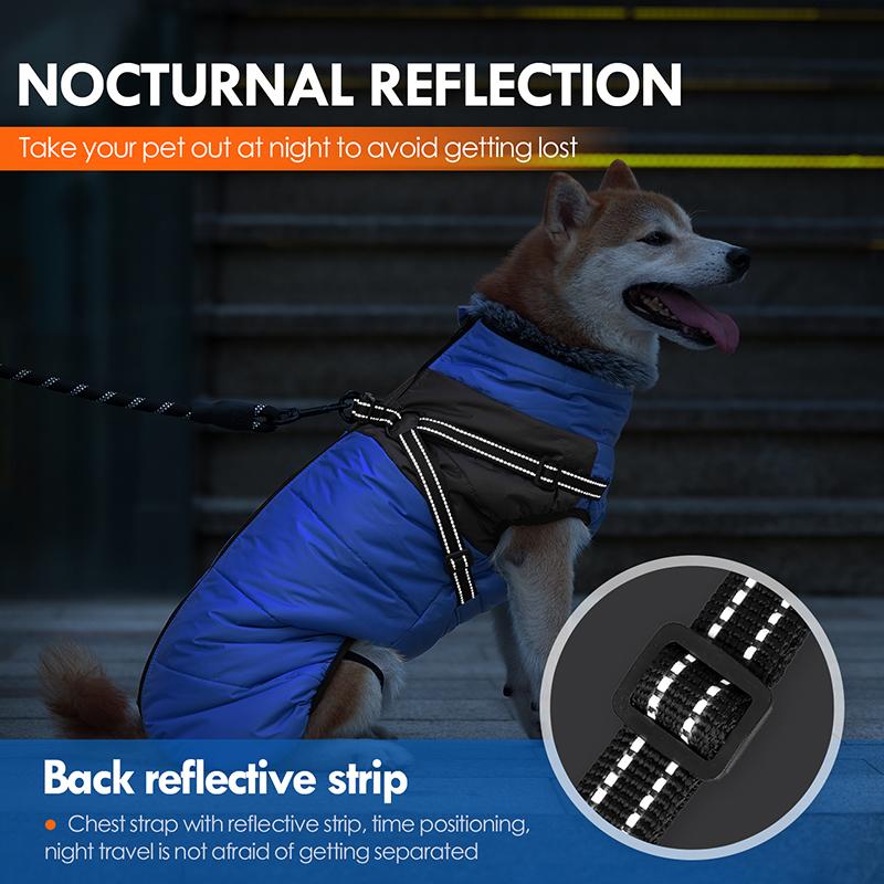 Winter Winddichte Hoher Kragen Flauschige Hundejacke Reflektierend Abschleppbar Outdoor Laufen Haustier Baumwollmantel mit Reißverschluss Designer Hundekleidung