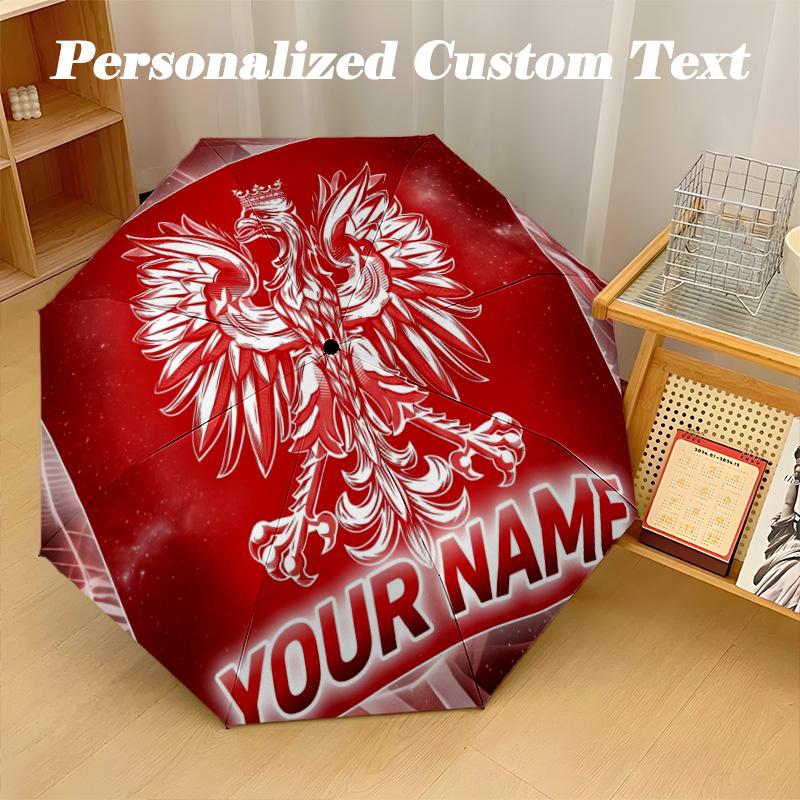 8 Rib Auto Folding Umbrella Poland Print Custom Name Text Portable Rain Gear