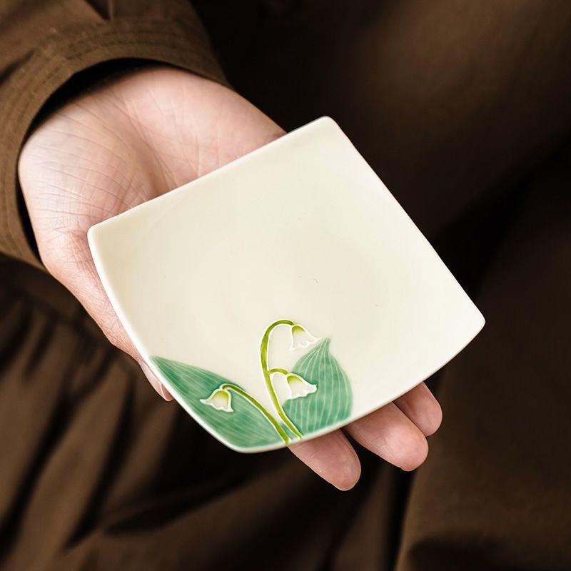 Hand Painted Lily of the Valley Ceramic Coaster Square Heat Resistant Mat for Tea Coffee Table Kitchen Decor