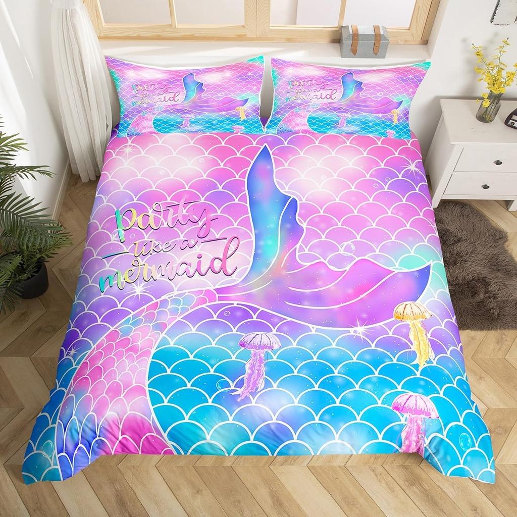 Copripiumino con Scaglie di Pesce Copripiumino a Coda di Sirena Matrimoniale Microfibra Ragazza Guscio Stella Marina Set Biancheria da Letto Per Bambino Adolescente Stanza Kawaii Decorazione