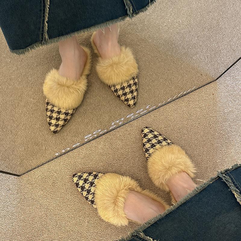 Pointed hair mop 2025 autumn and winter versatile fashion bag head half slippers women's new thousand bird grid outer wear flat bottom non-slip