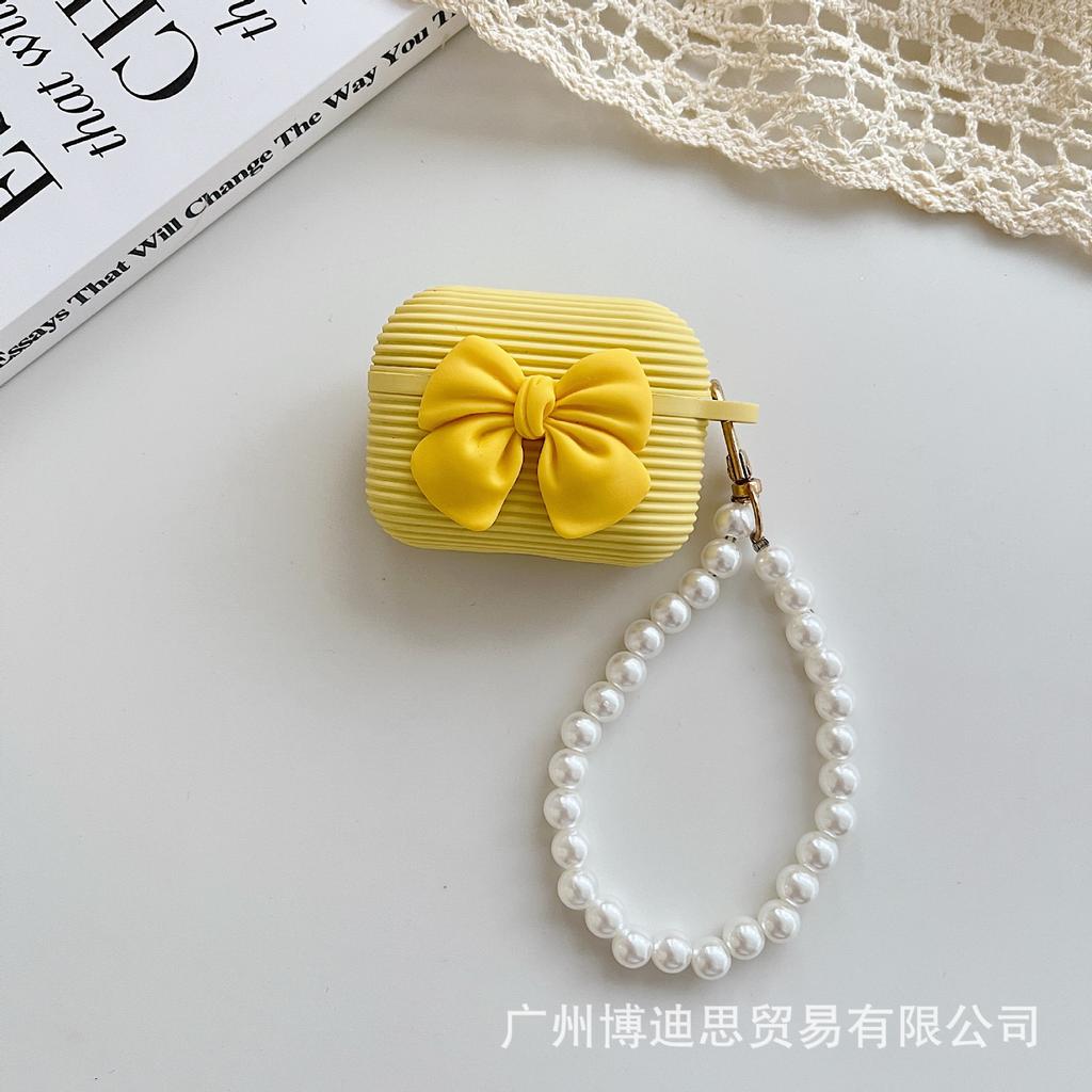 New Apple Earphone Case Horizontal Strip Silicone Bow + Hand Bead Rope AirPods Girl Bow Earphone Cover