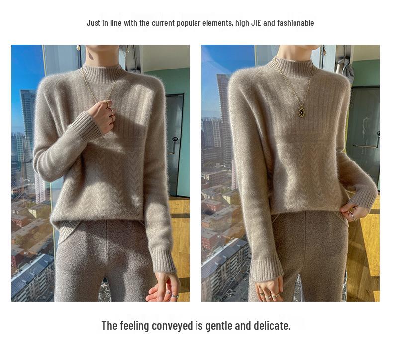 Women's Korean Style Wool Cable Knit Sweater - Thick Half-High Neck Base Layer for Autumn/Winter 2025