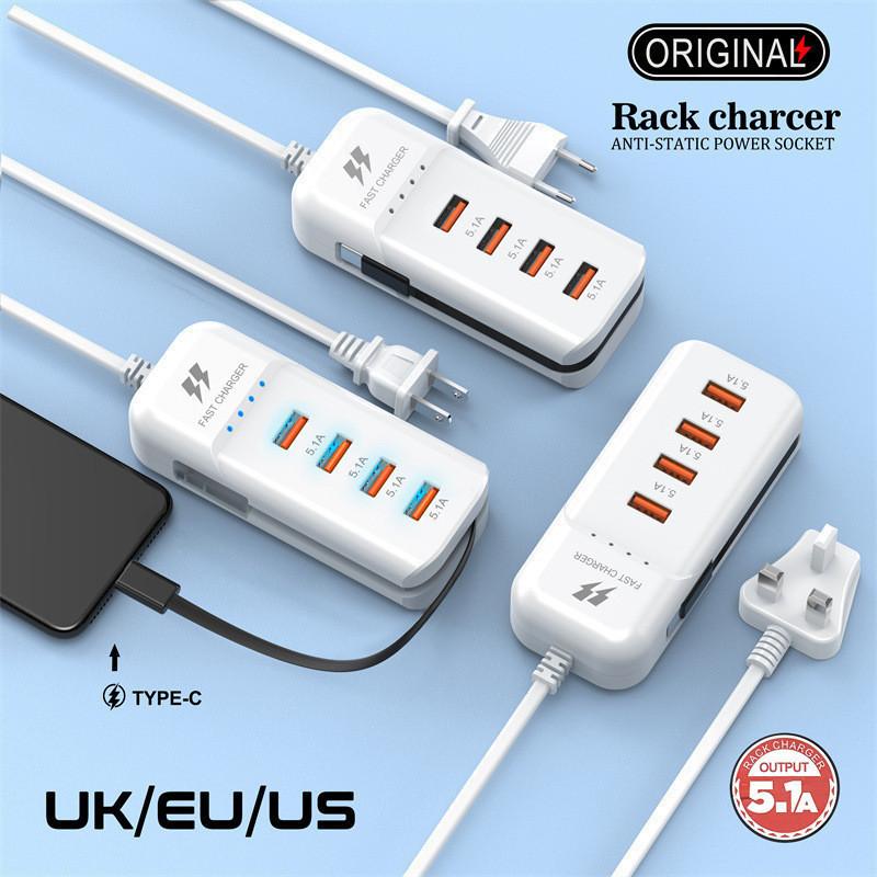 4-portowa listwa zasilająca USB z wtyczką, stacja ładująca, rozdzielacz 5 V 4 A, USB TYPE C 3.0, szybka ładowarka, wtyczka do ładowania telefonu, gniazdo elektryczne USB US EU