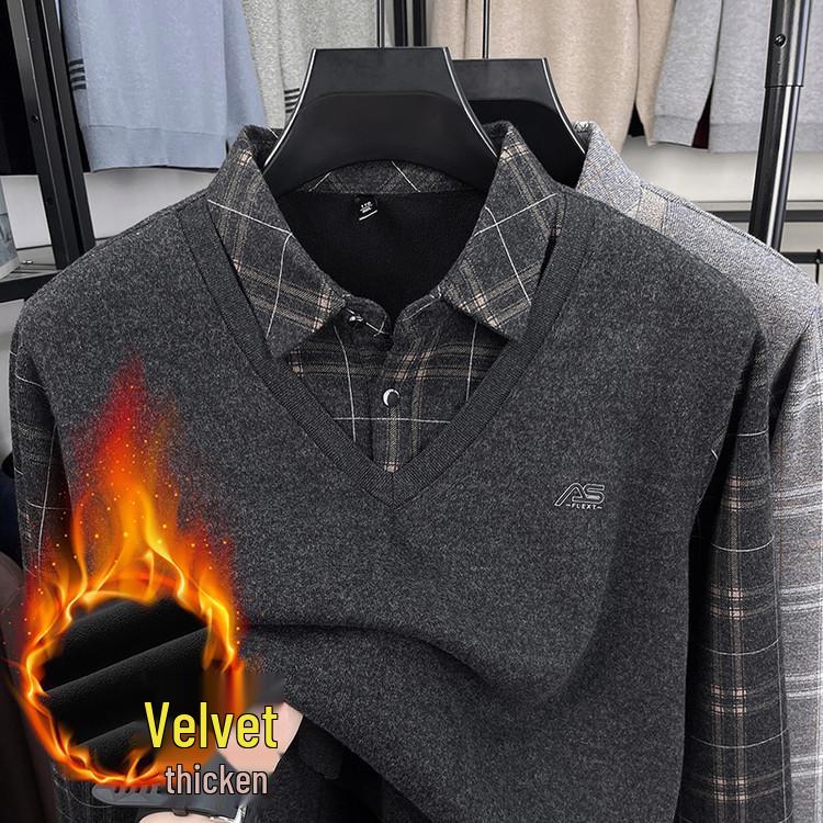 

Men s Winter Velvet-Lined Knit Hoodie: Casual, Business, Two-Piece Lapel Design M сірий/чорний