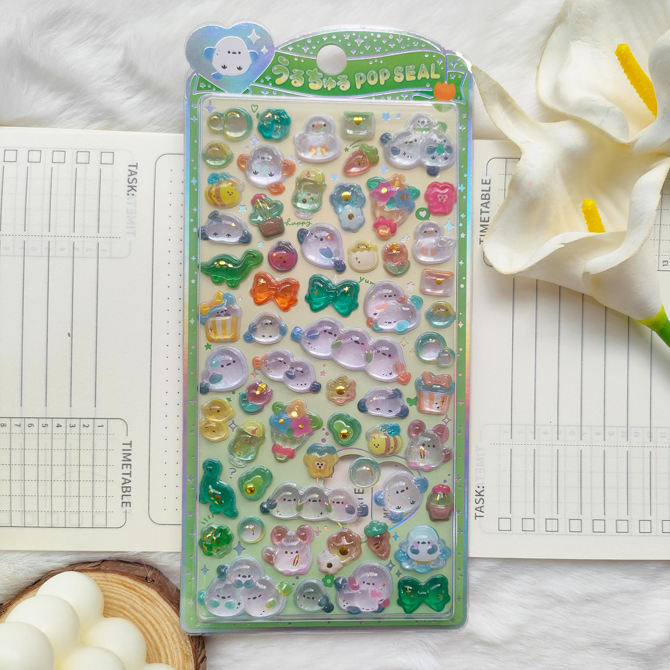 

Children 3D Crystal Relief Stickers - Adorable Ghost Bird Strawberry Rabbit Penguin Decals Water Resistant designed for Kpop Photocard DIY Decor Gifts