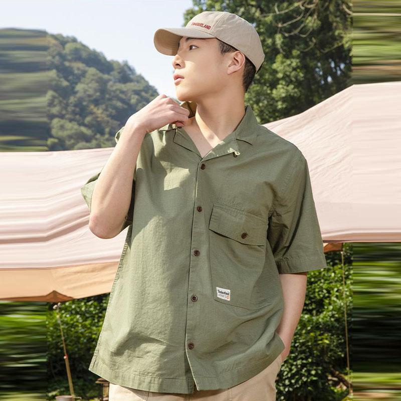 Timberland Solid Color Outdoor Hiking Casual Work Short Sleeve Shirt Men shirts Cassel-Green A6QRW-590