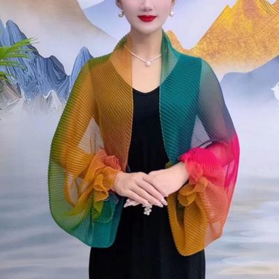 Summer Women's Gradient Sunscreen Shawl Pleated with Sleeve Shawl Sunscreen Thin Scarf
