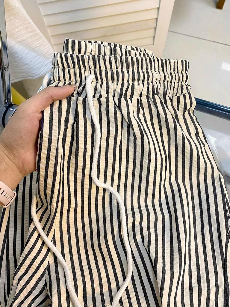 Women's Summer Striped Tie-Waist Wide-Leg Pants - Petite Fit, 145cm, Casual Lazy Style