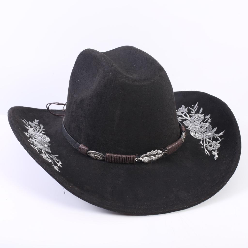 Beliebter europäischer und amerikanischer klassischer Wildleder Western Cowboyhut für Herren und Damen, großer Schirm, bestickt, Outdoor-Sonnenhut