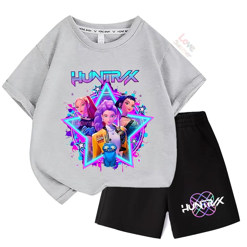 Sommer-T-Shirt Zweiteiliges Set Kinder Oberteile Mädchen Huntrx KPop T-Shirts Devil Hunter Mädchengruppe Bedrucktes Kurzarm-Shorts-Set