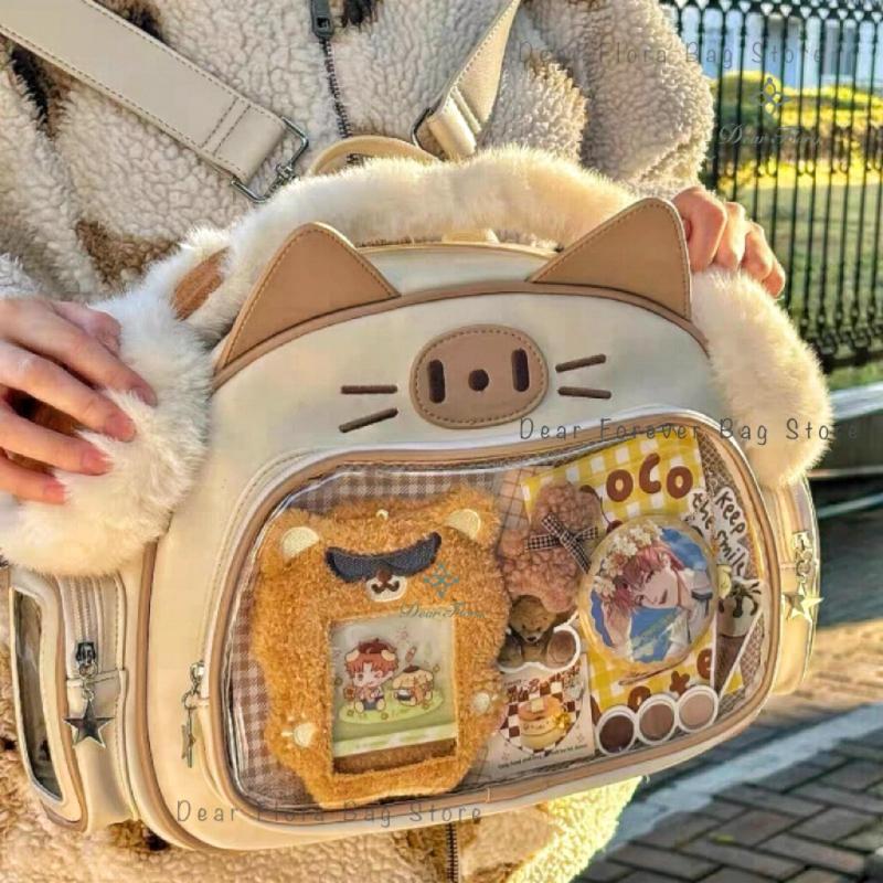 New Korean Kawaii Cat Ita Bag Cute PU Shoulder Bag Girls Transparent Pocket Harajuku Crossbody Bag Women's Fashion Backpacks