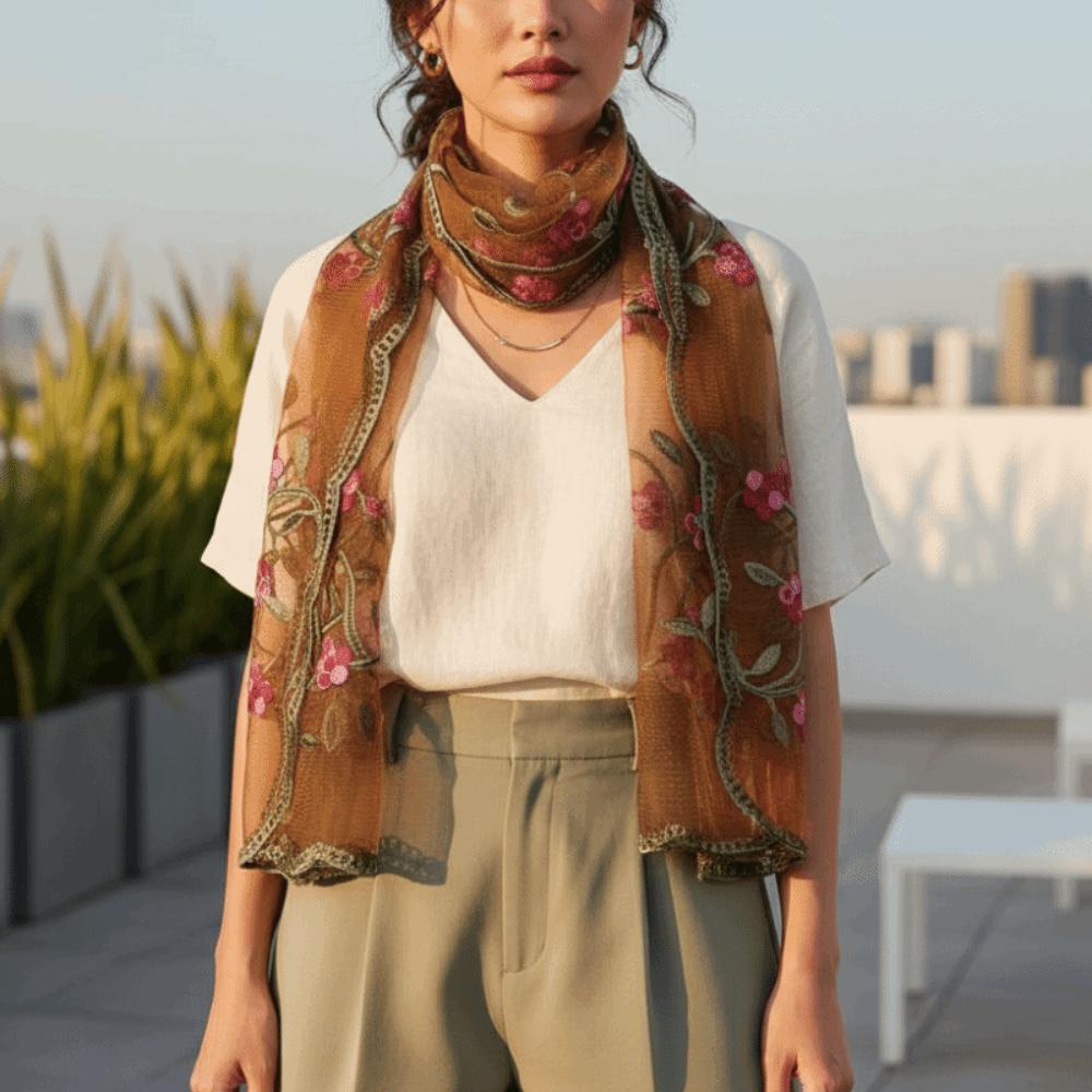 Ethnic Style Embroidered Floral Headwrap Lightweight Breathable Long Lace Scarf Colorful Soft Boho Sheer Shawl Daily Outfit