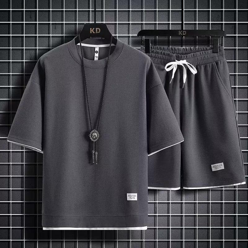 Summer Men's Waffle Sets Casual T-Shirt and Shorts Set Male Sports Suit Solid Color Tracksuit Loose Suits