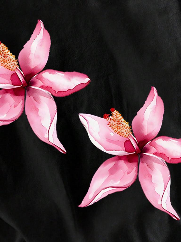 New Pink Floral Print Loose Slimming T-Shirt - Women's Short Sleeve Black Round Neck Top