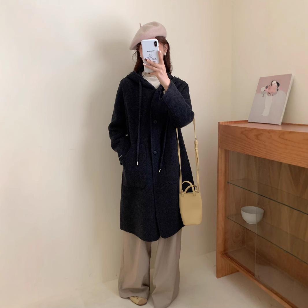 

Сокращающее возраст двухстороннее кашемировое пальто в стиле колледжа для женщин, однобортное классическое шерстяное пальто с капюшоном на осень и зиму M