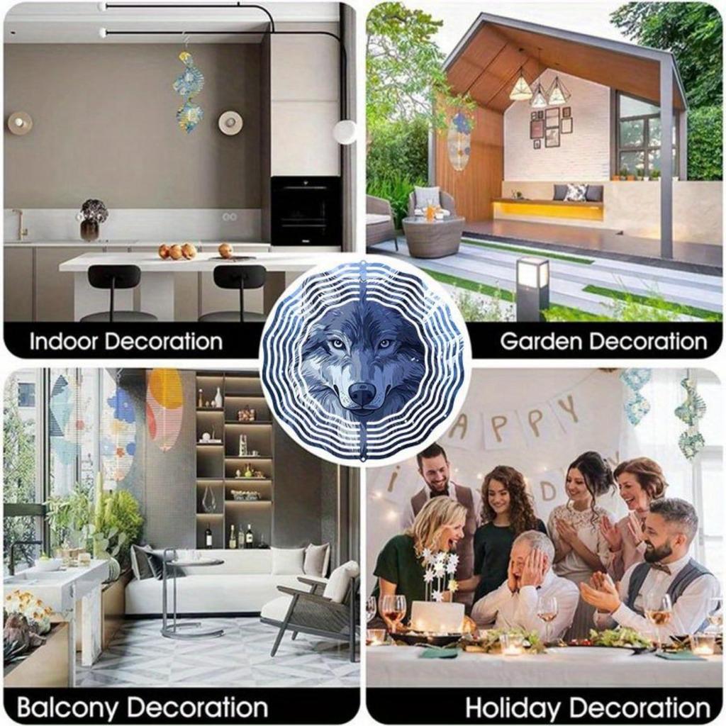 Bergwolf 2D Kinetische Windspiel - Metall-Wandkunst für den Außenbereich mit 360° drehbarem Haken, Bunte reflektierende Dekoration für die Terrasse