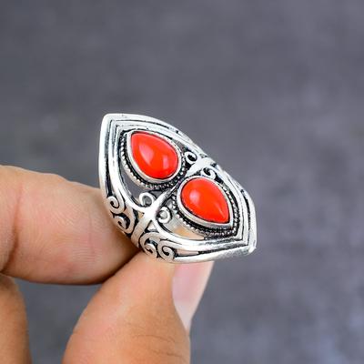 Natural Red Coral Gemstone Handmade 925 Sterling Silver Jewelry Ring Size 6 m6Y88